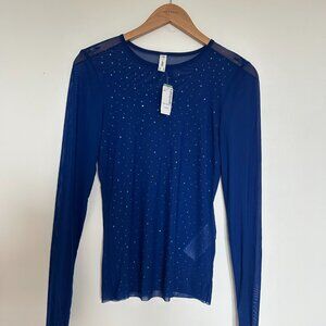 NWT ONLY Sequin Mesh Top Sheer See Through Shirt Long Sleeve Size M